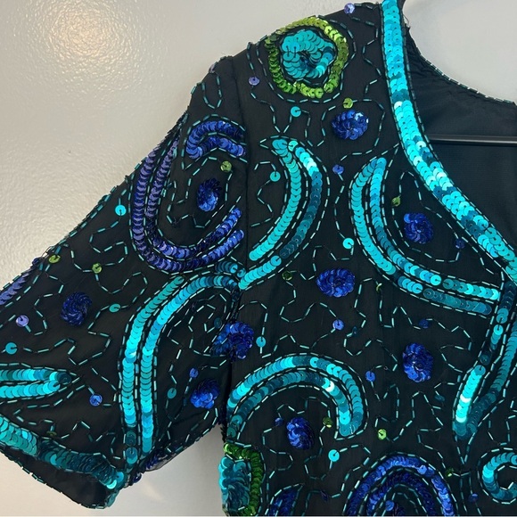 NWT Vintage Mark & John Gopal 100% Silk Sequin Blue/Green Short Sleeve Top Small - Picture 3 of 10
